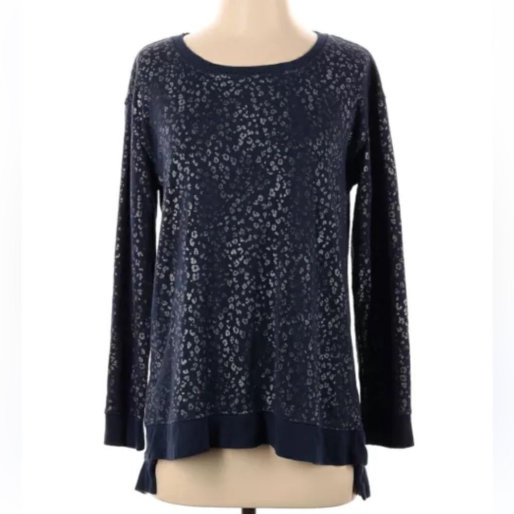 JANE + DELANCEY L Navy Silver Black Metallic Animal Print Crew Fleece Pullover